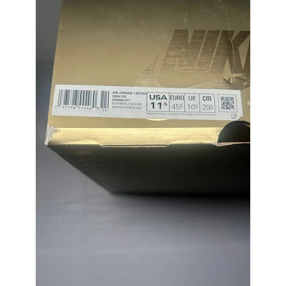 Nike Air Jordan 1 Retro Black Gold Size 11.5 DZ5485 071 New/No Lid
